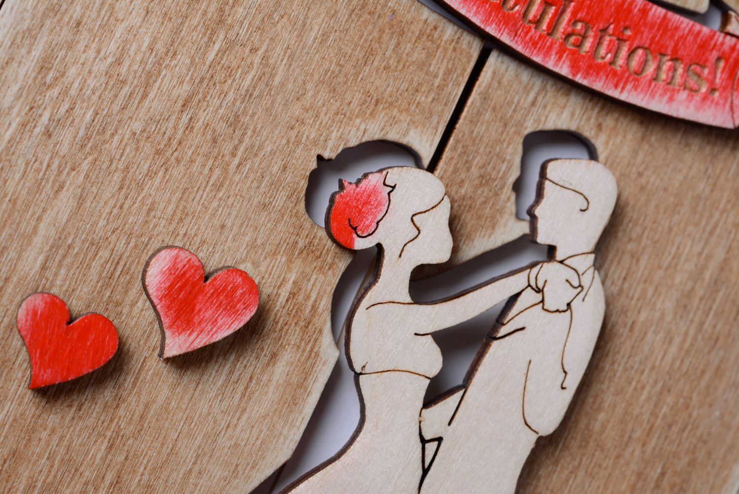 Carte de félicitations de mariage en bois peint faite main originale design photo 2