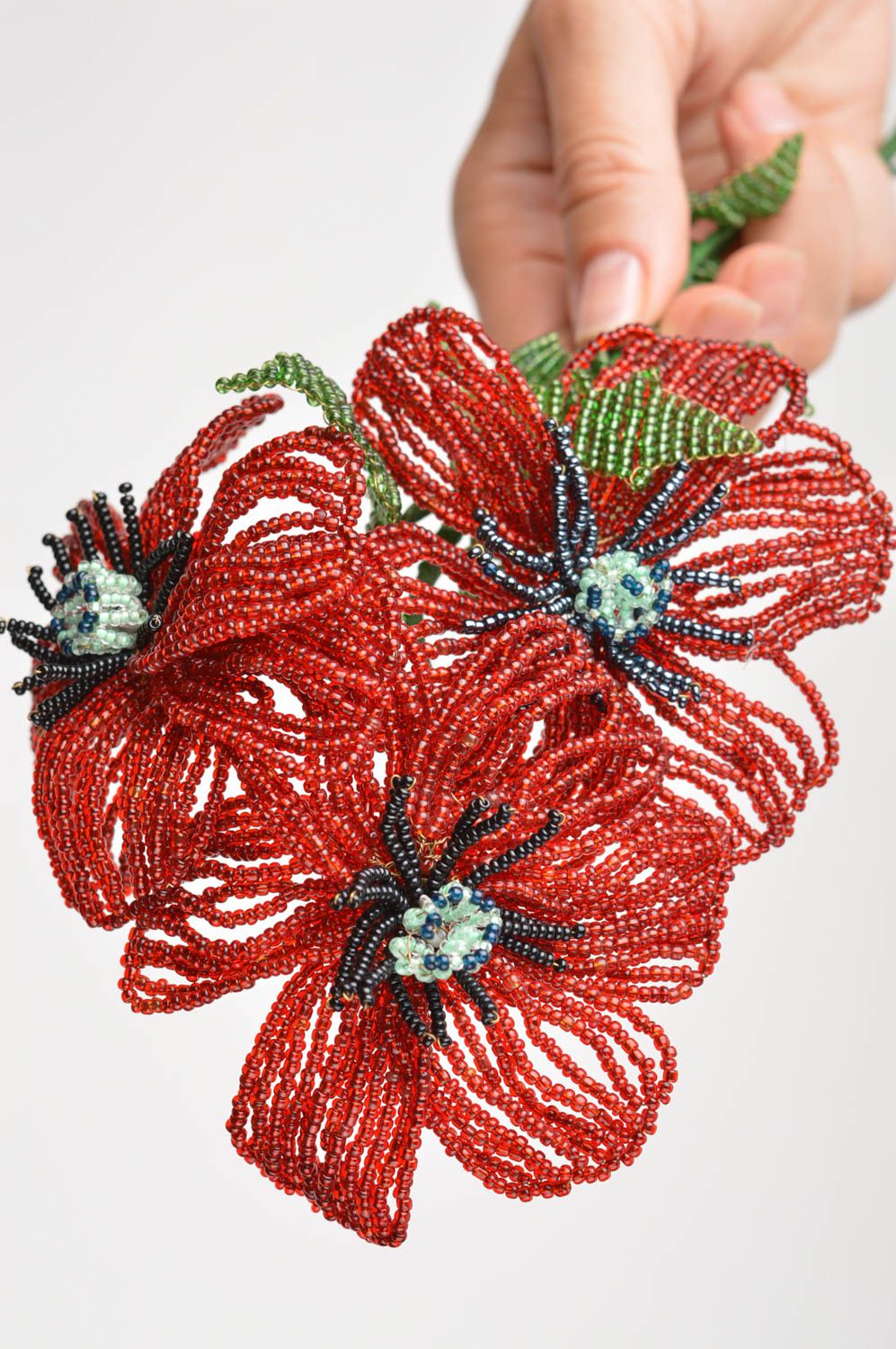 Fleurs artificielles pavots rouges faites main en perles de rocaille 3 pièces photo 3