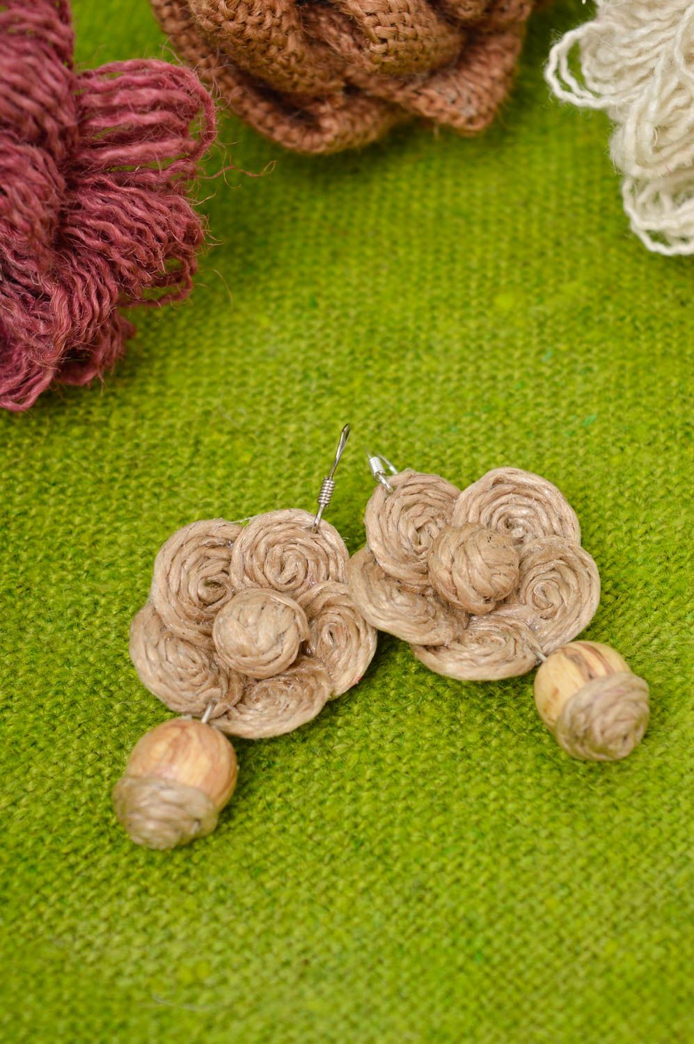 Unusual handmade flower earrings cord earrings with beads gifts for her photo 1
