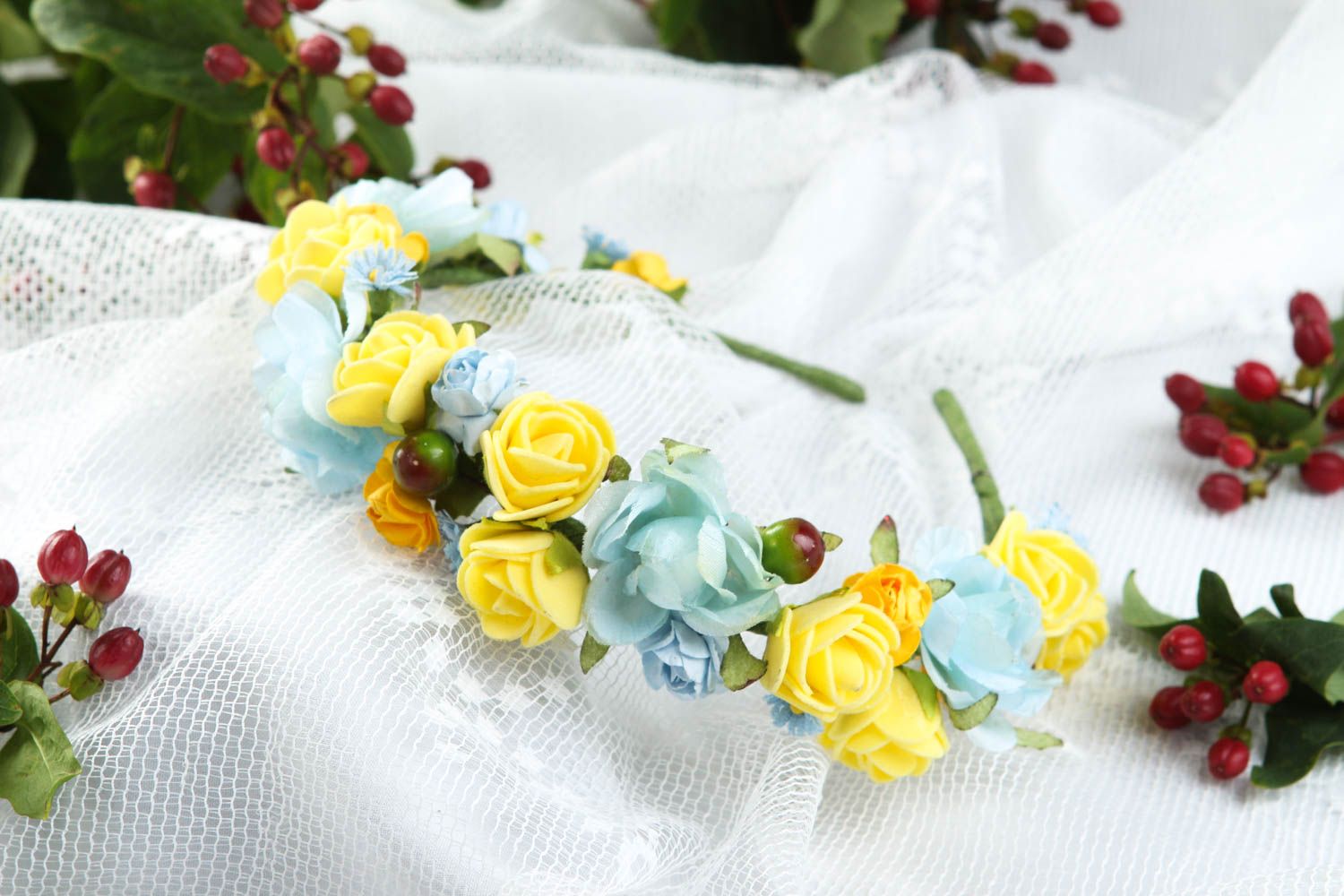 Serre-tête fleurs fait main Accessoire cheveux jaune et bleu Cadeau insolite photo 1