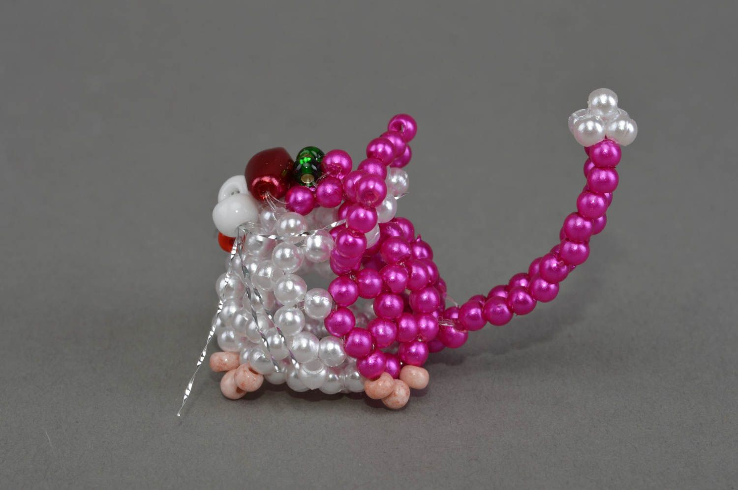 Handmade miniature beaded animal figurine of white and pink kitten for interior photo 2