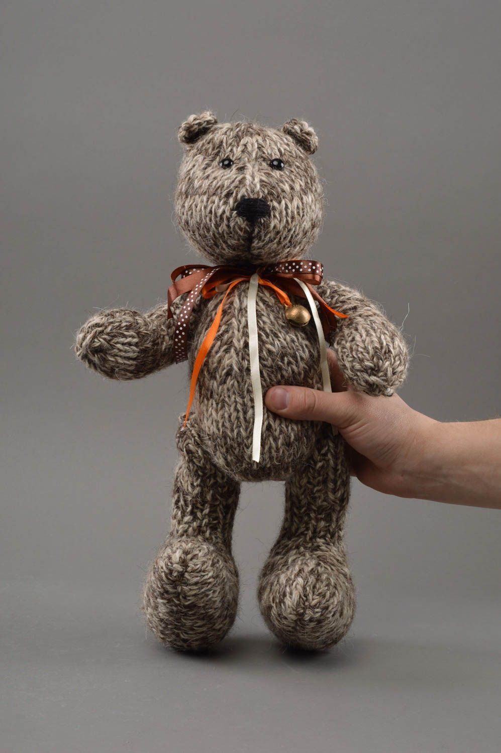 Beautiful small handmade crochet soft toy gray bear with bow on neck for kids photo 4