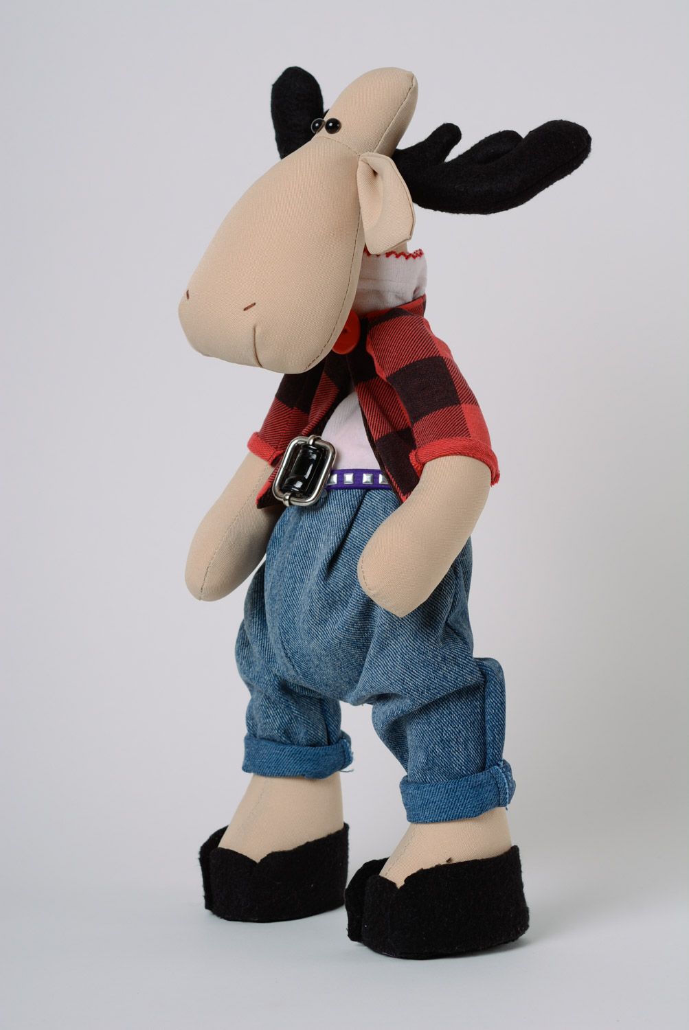Homemade designer soft toy elk in jeans and checkered shirt photo 2