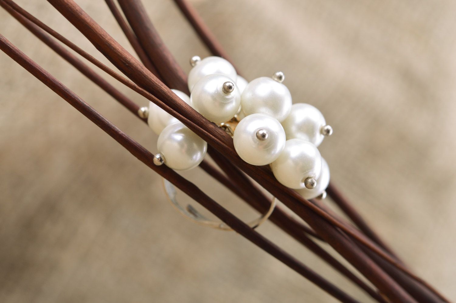 Beautiful festive handmade women's pearl-like beaded ring photo 1