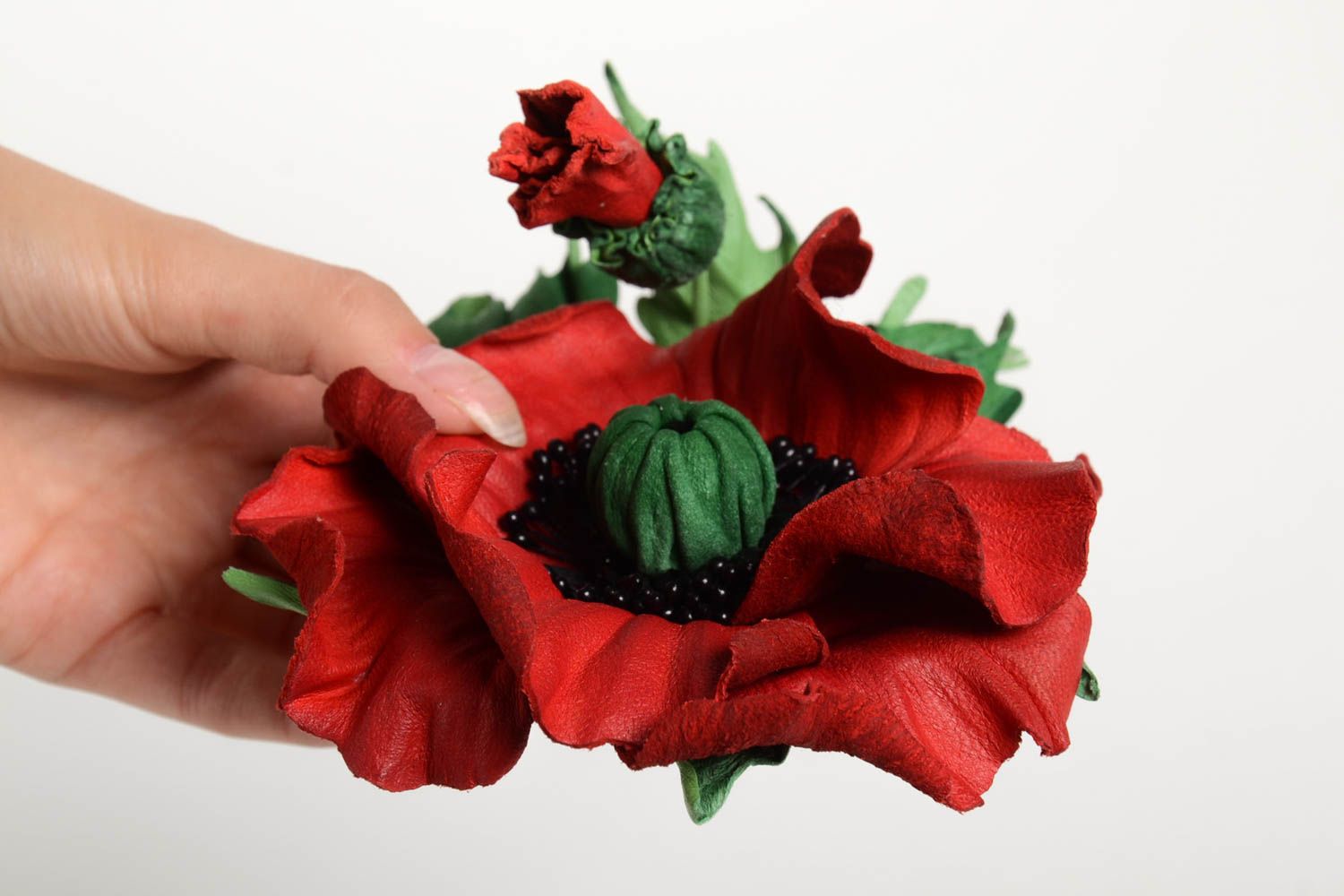 Handmade Blume Brosche Leder Schmuck Accessoire für Frauen rote Mohnblume foto 5