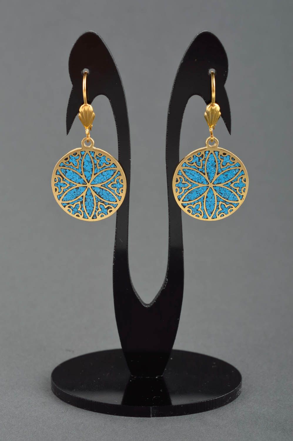 Stylish earrings with natural stones handmade brass earrings metal bijouterie photo 6