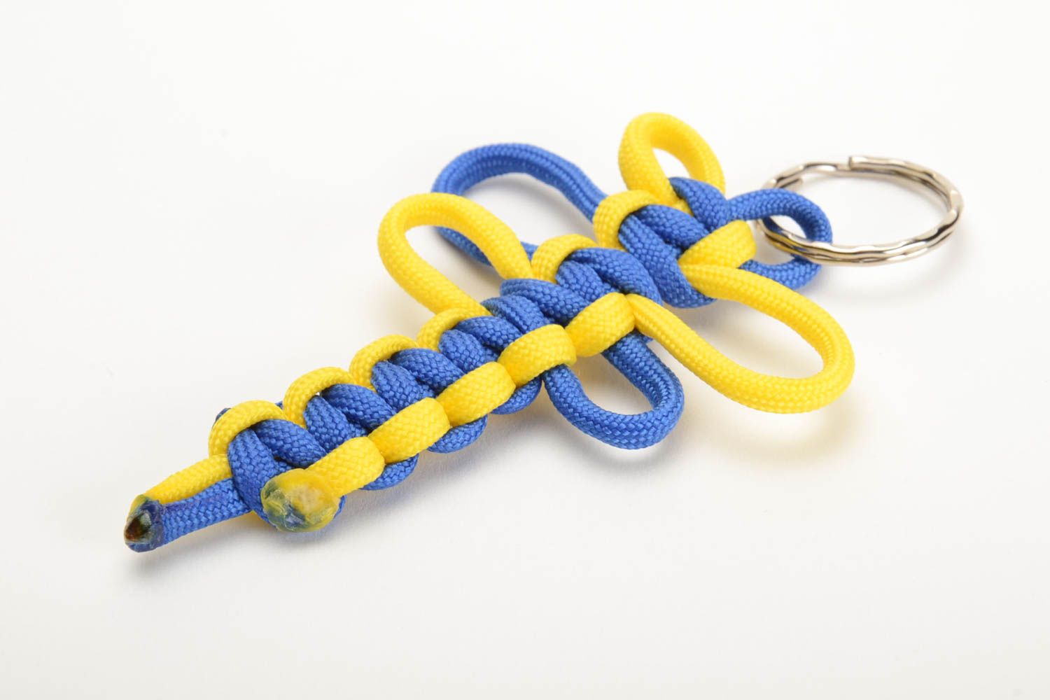 Blue and yellow handmade keychain woven of American paracord photo 4