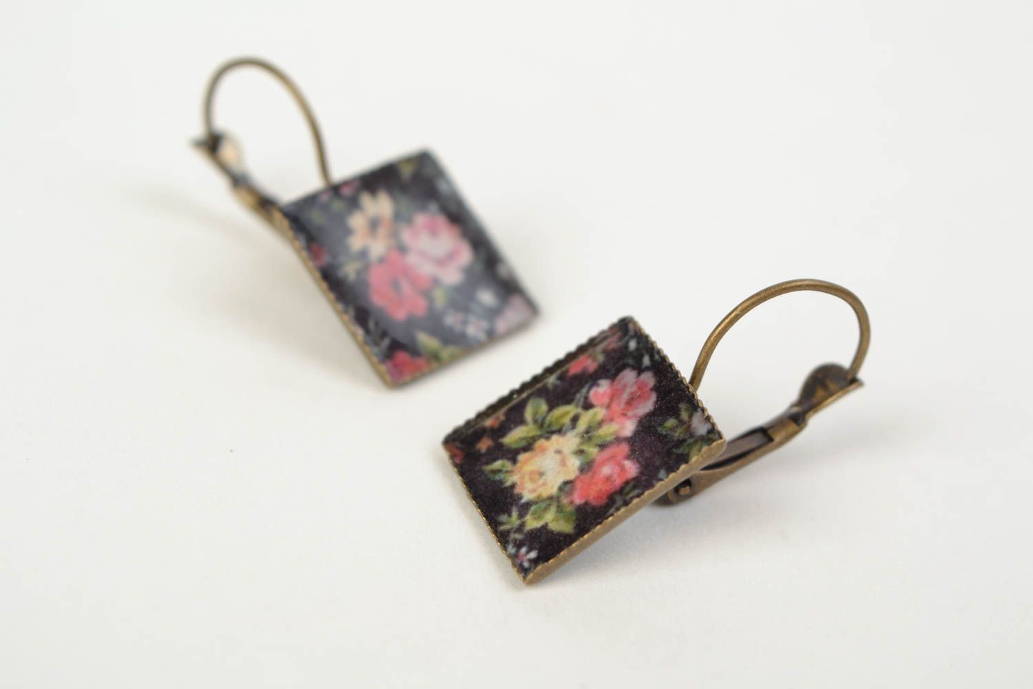 Handmade dark square decoupage earrings with floral pattern and English ear wires photo 4