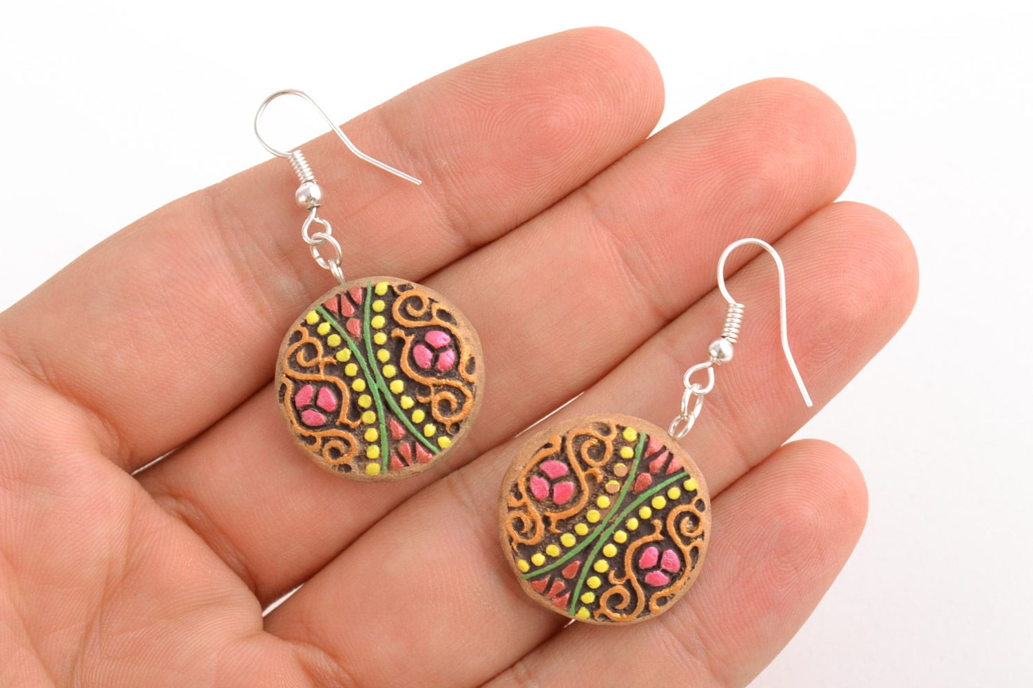Handmade women's clay round earrings with acrylic painting photo 2