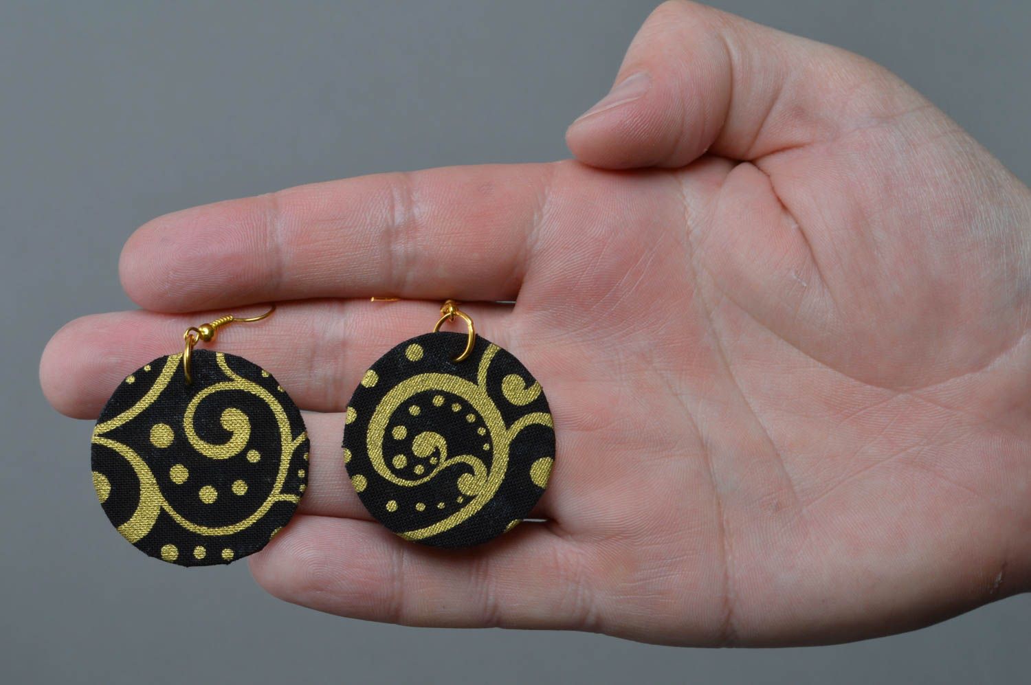 Unusual handmade designer round fabric earring of black and gold colors photo 3