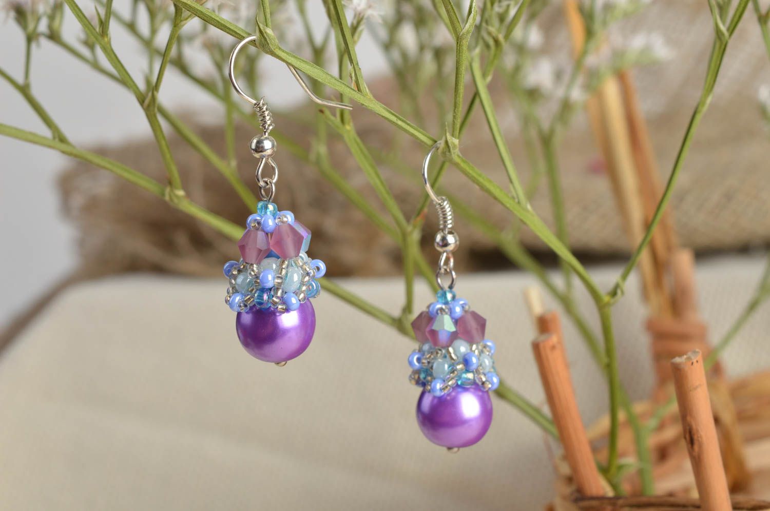 Handmade small designer neat dangle earrings with violet beads photo 1