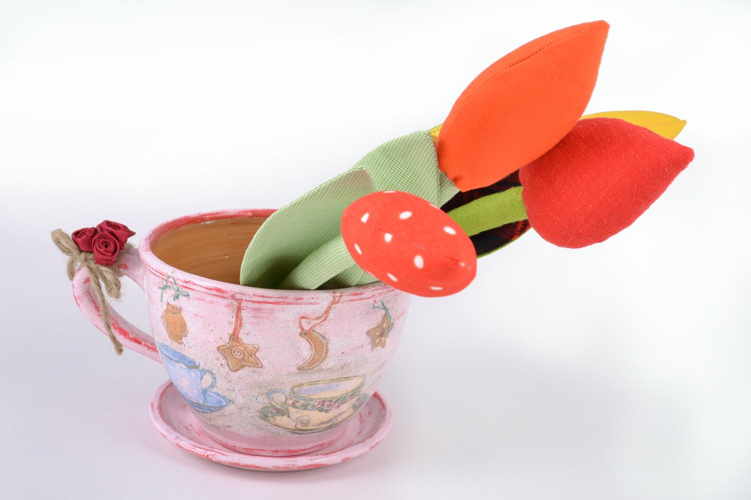 Pot de fleur en céramique cuit au lait original en forme de tasse rose fait main photo 1