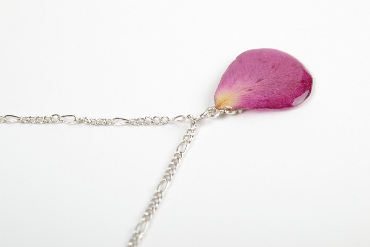 Handmade designer pendant with lilac flower petal in epoxy resin on chain photo 4