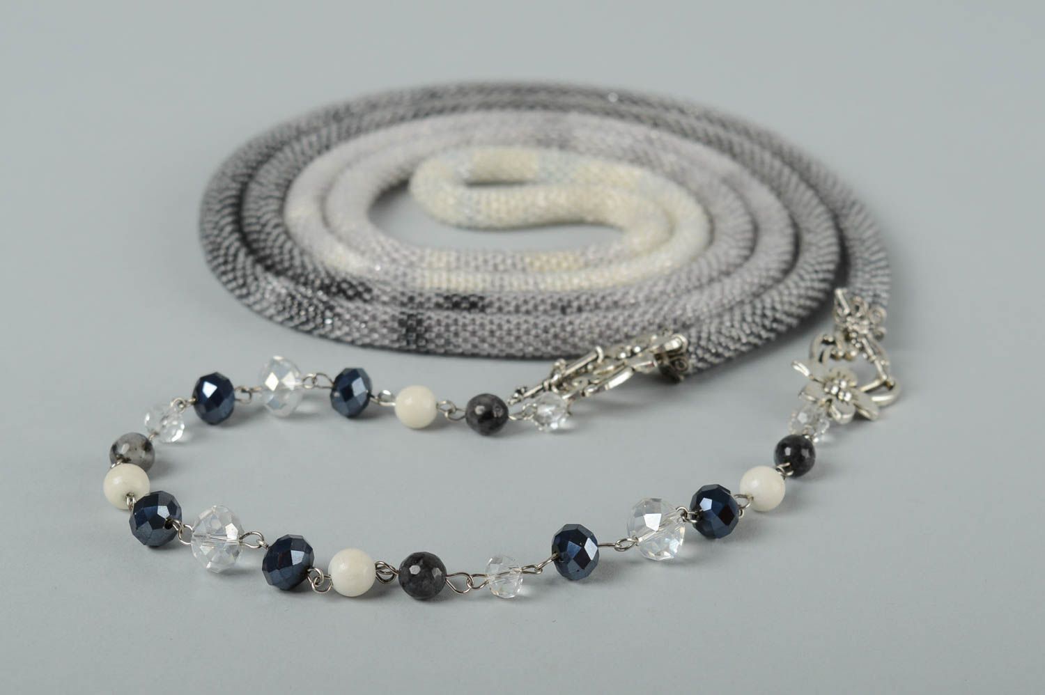 Beaded lariat necklace handmade jewelry beaded jewelry in gray shades girl gift  photo 2