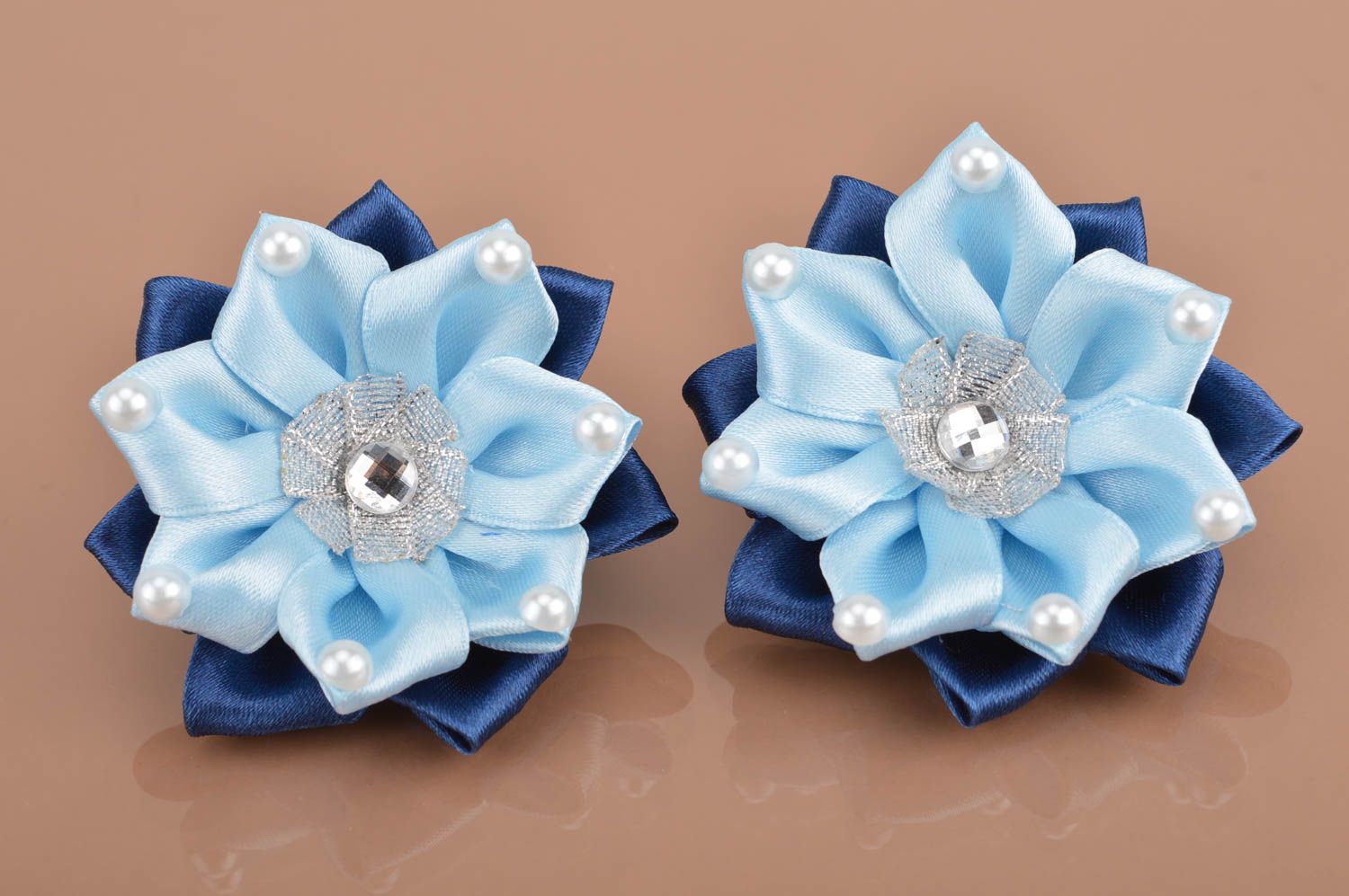 Children's handmade kanzashi scrunchies made of blue ribbons set of 2 pieces  photo 2
