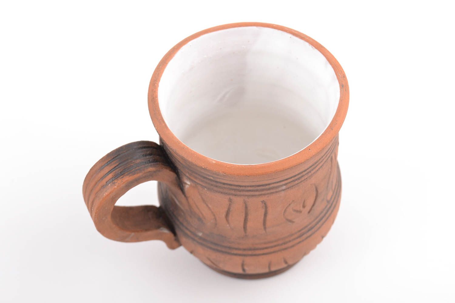 16 oz terracotta color tall clay cup with handle and white glaze inside photo 3