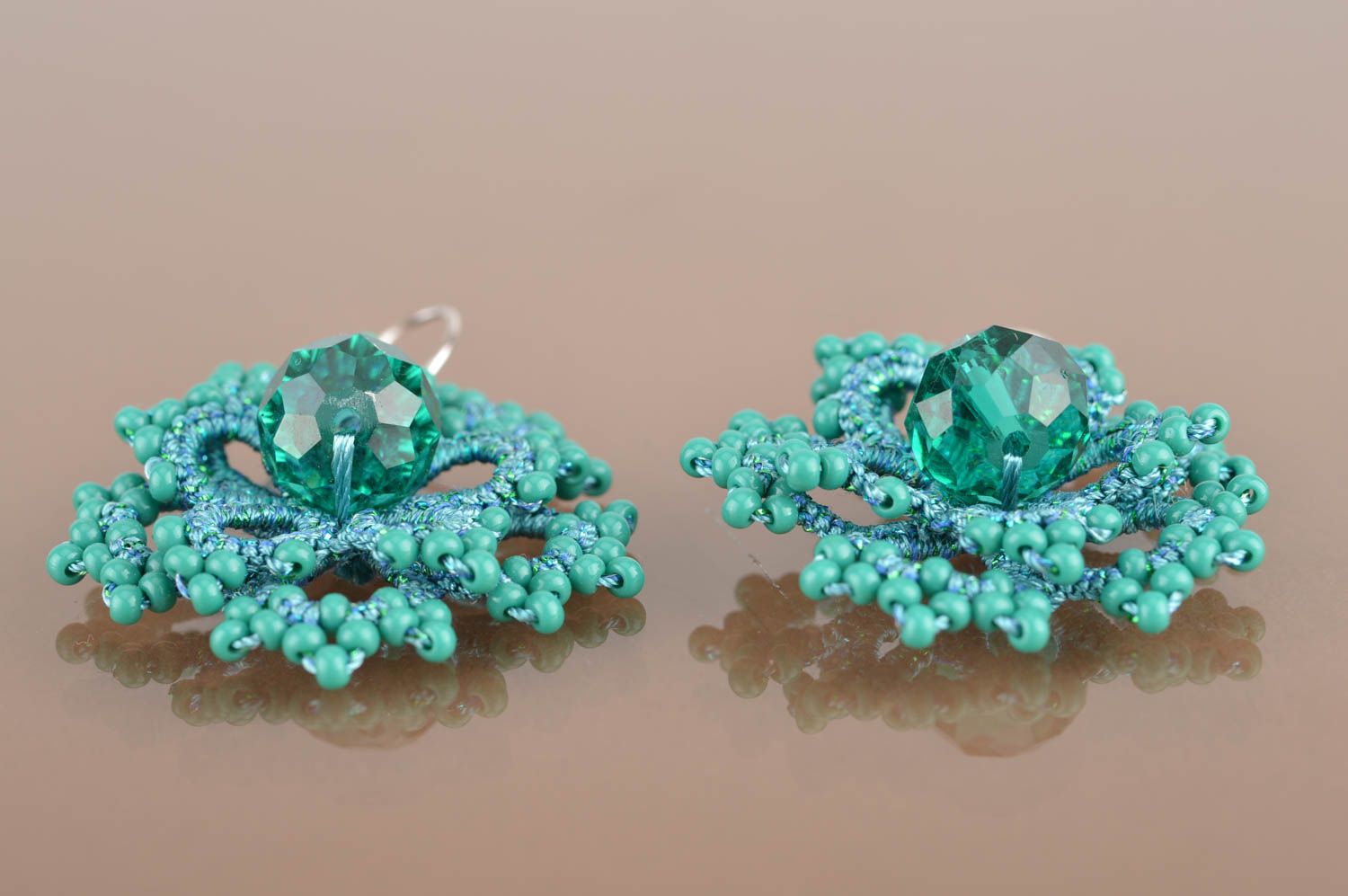 Beautiful green handmade designer tatted earrings with Czech beads Flower photo 5