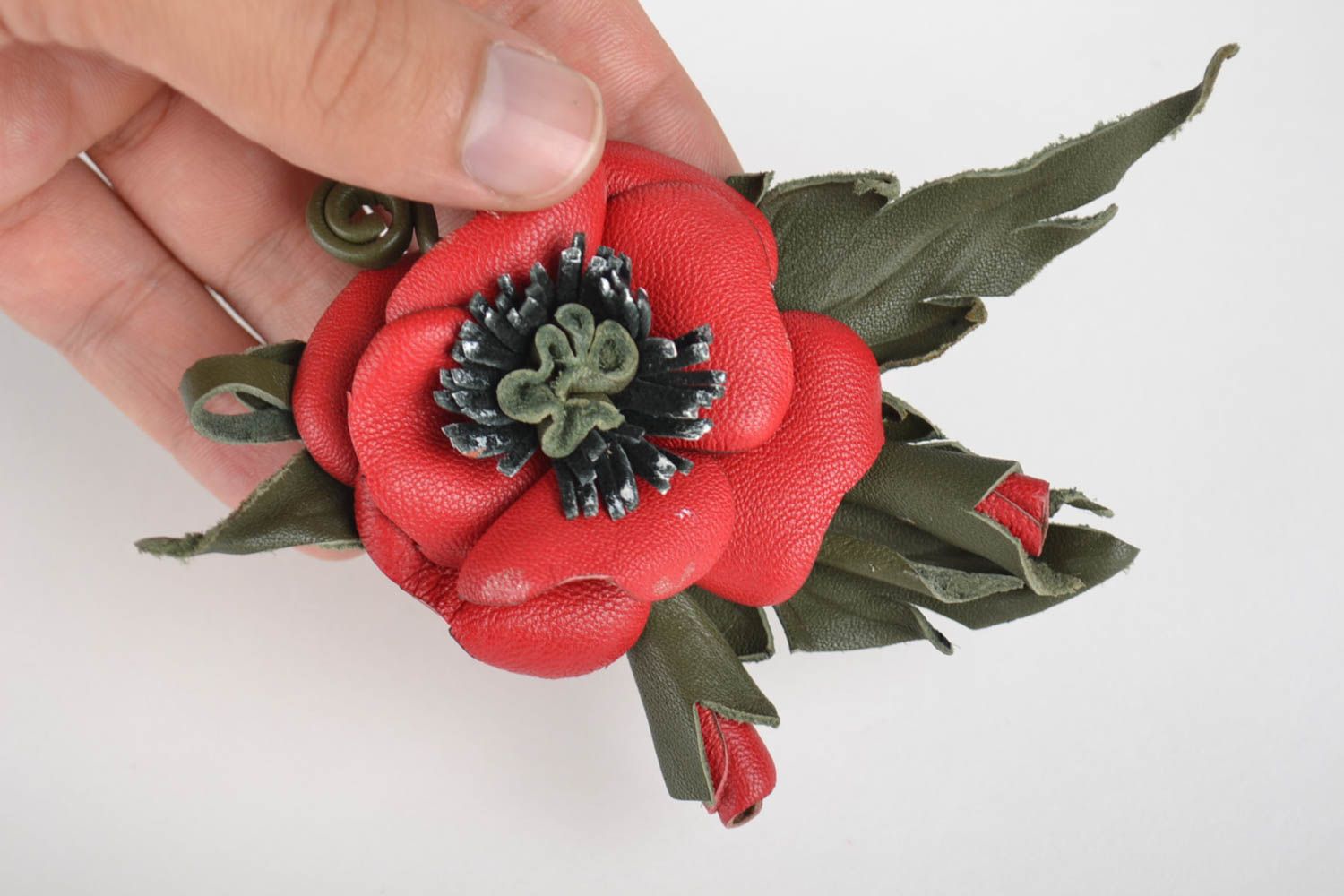 Leather poppy brooch handmade leather unique accessory present for woman  photo 2