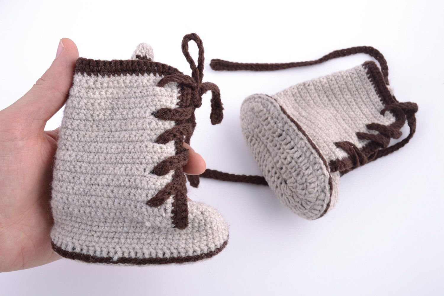 Handmade gray baby booties crocheted of semi-woolen threads with lacing photo 2
