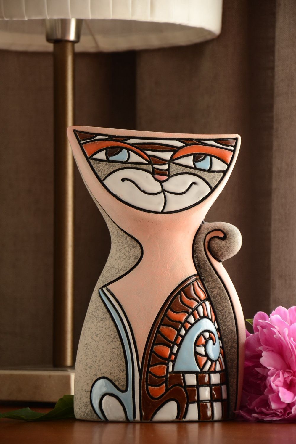 Dekorative Vase aus Ton für Tischdeko mit Bemalung Katze Künstler Handarbeit foto 1