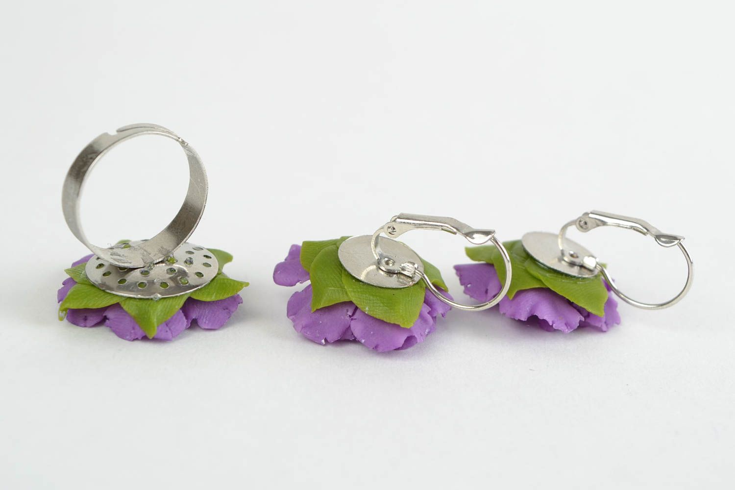 Bright homemade cold porcelain jewelry set 2 pieces flower earrings and ring photo 5