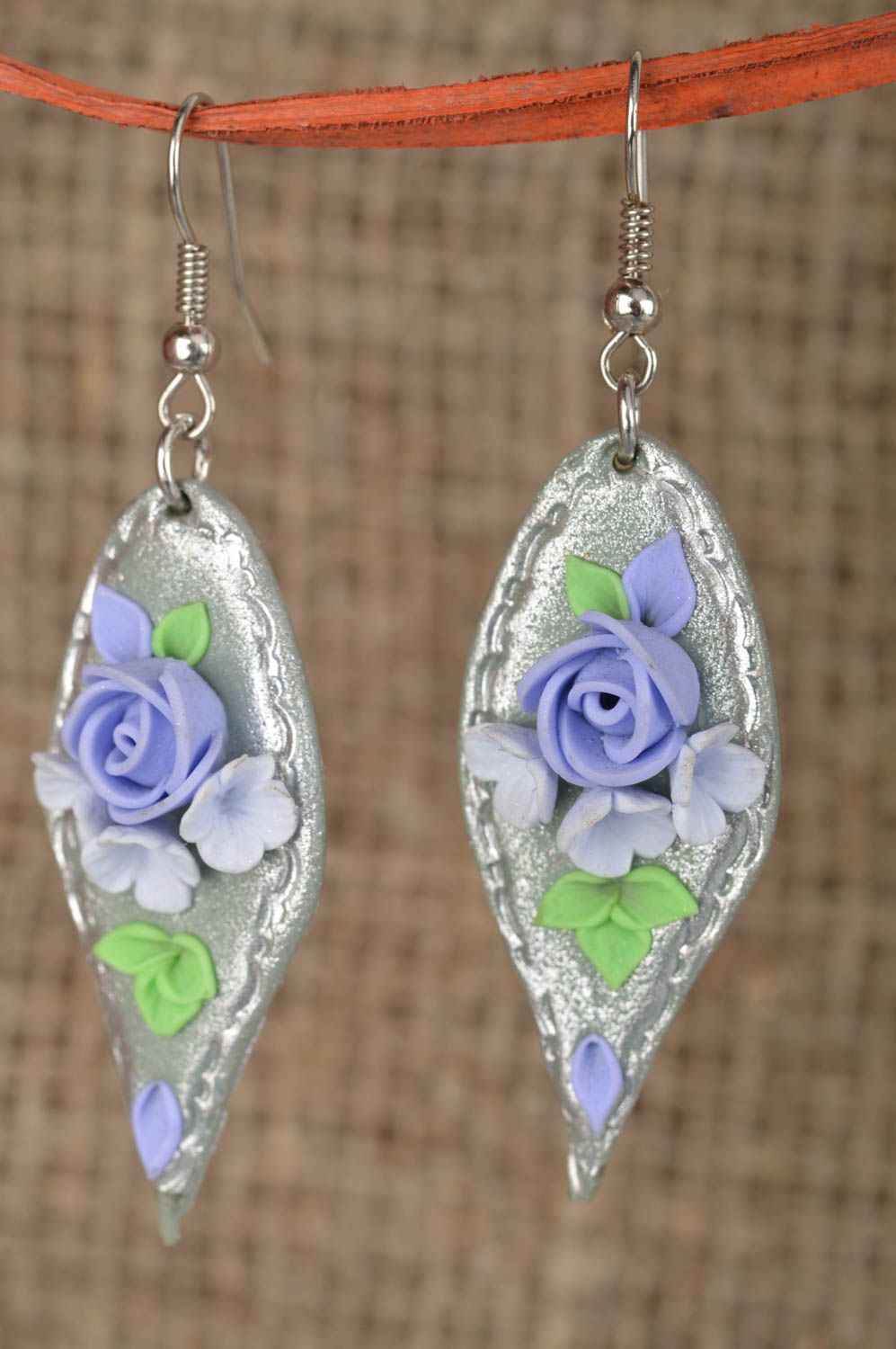 Long handmade drop earrings with flowers made of polymer clay for stylish women photo 1