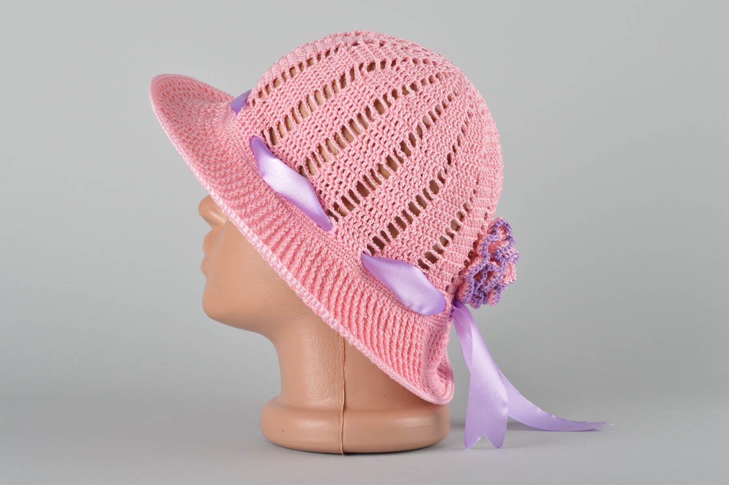 Головной убор ручной работы вязаная шляпа розовая женская шляпа на лето фото 2