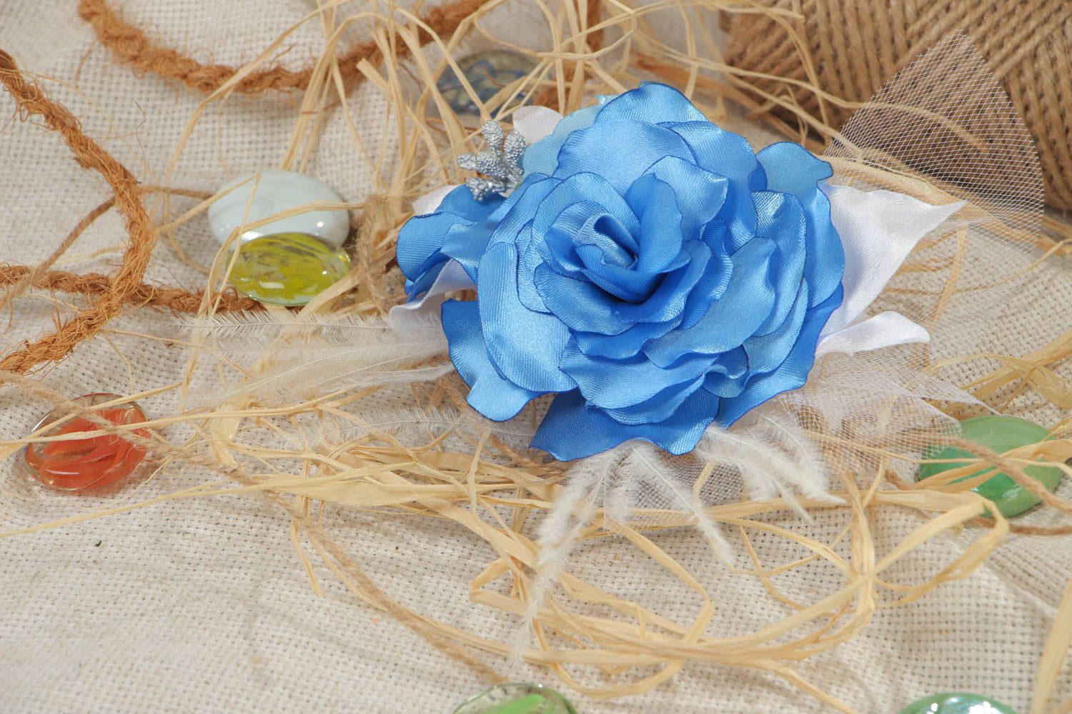Handmade decorative hair clip with large volume bright blue satin flower photo 1