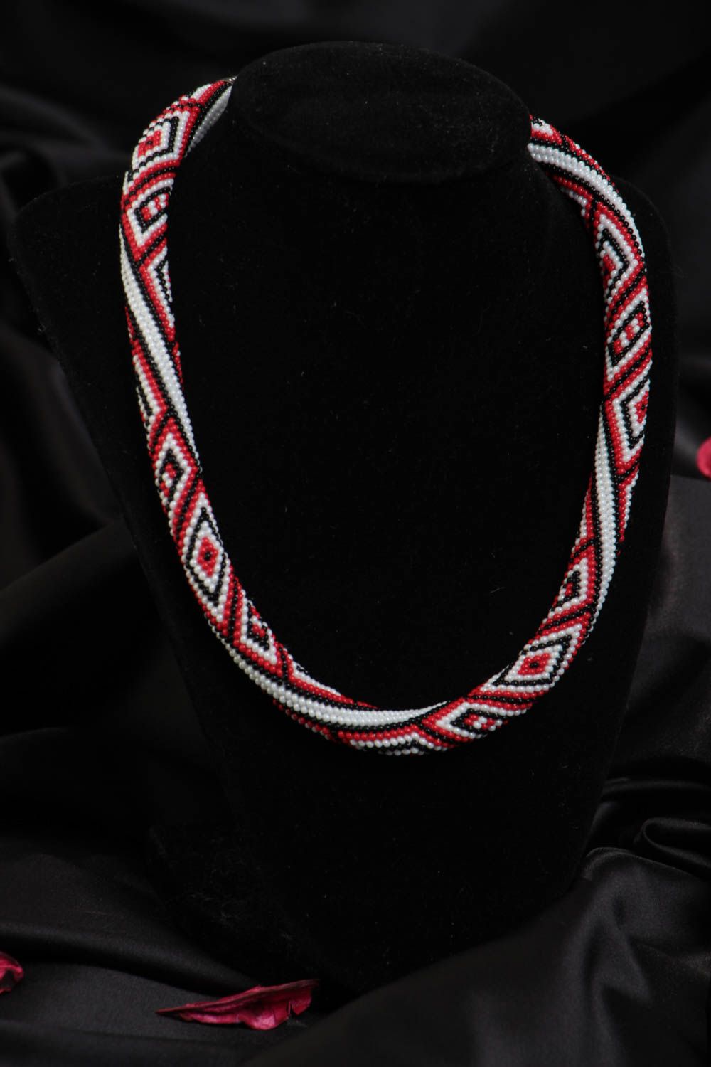 Handmade designer beaded cord necklace with ornament of vyshyvanka style photo 1