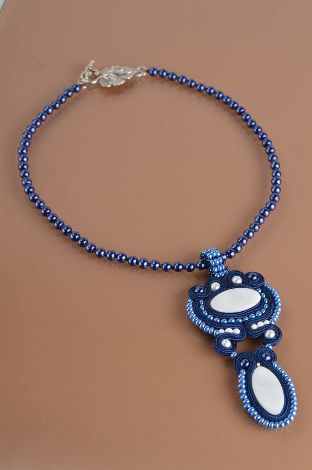 Beautiful blue handmade elegant soutache necklace with Czech beads photo 2