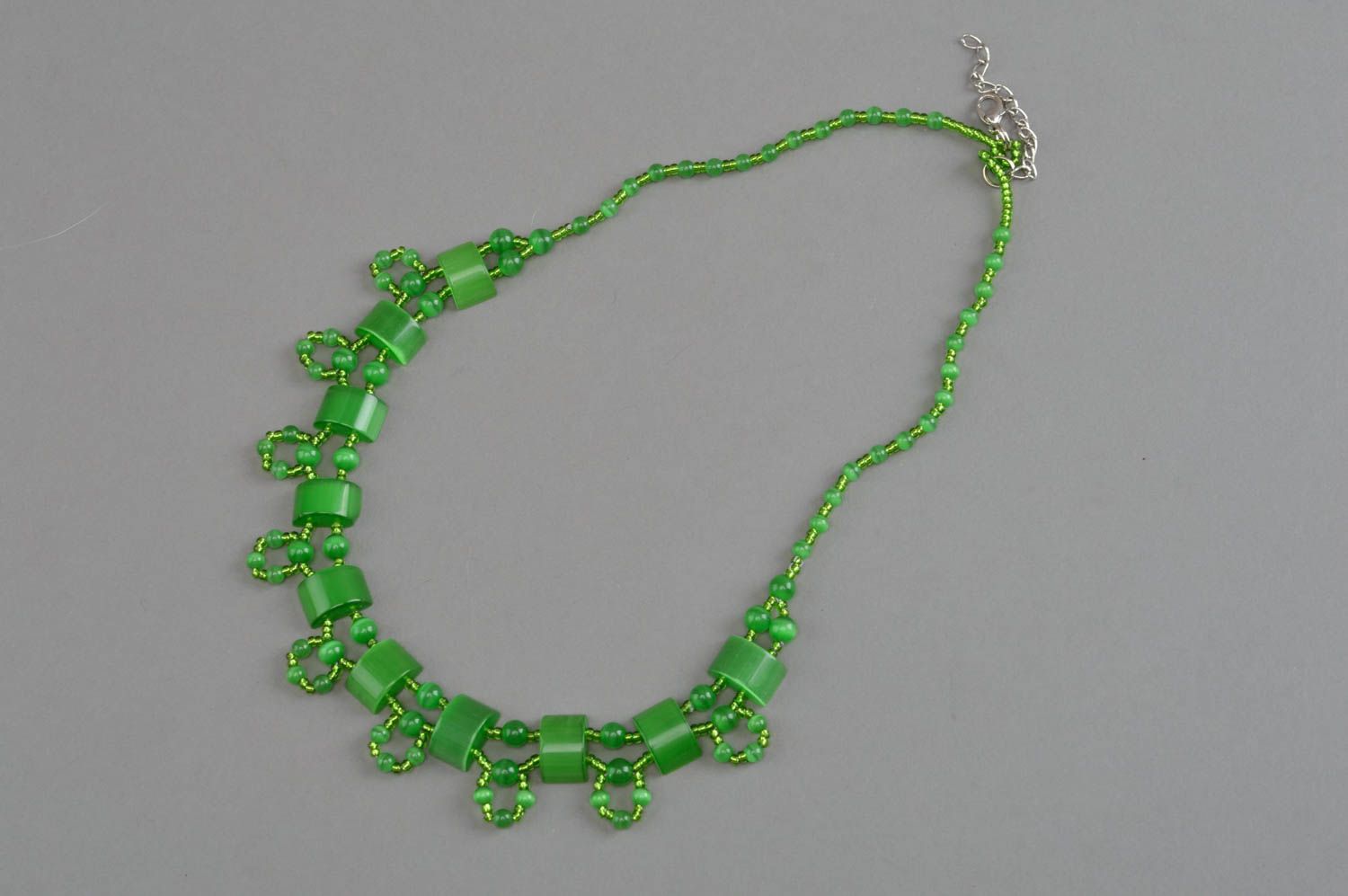 Glasperlen Collier mit Katzenauge Damen Halskette Handarbeit in Grün stilvoll foto 2