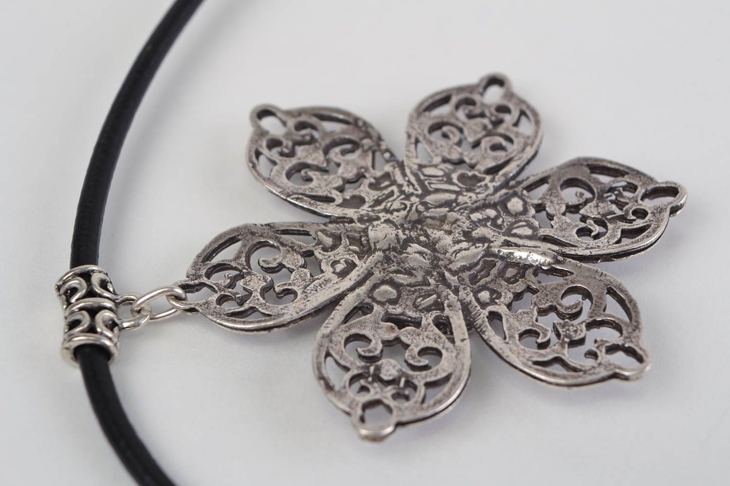 Handmade large lacy cast metal pendant necklace on black cord Flower for women photo 5