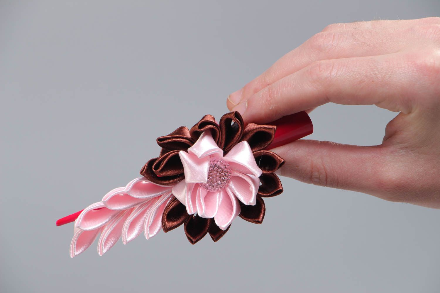 Handmade hair clip with satin ribbon kanzashi flower in pink and brown colors photo 5