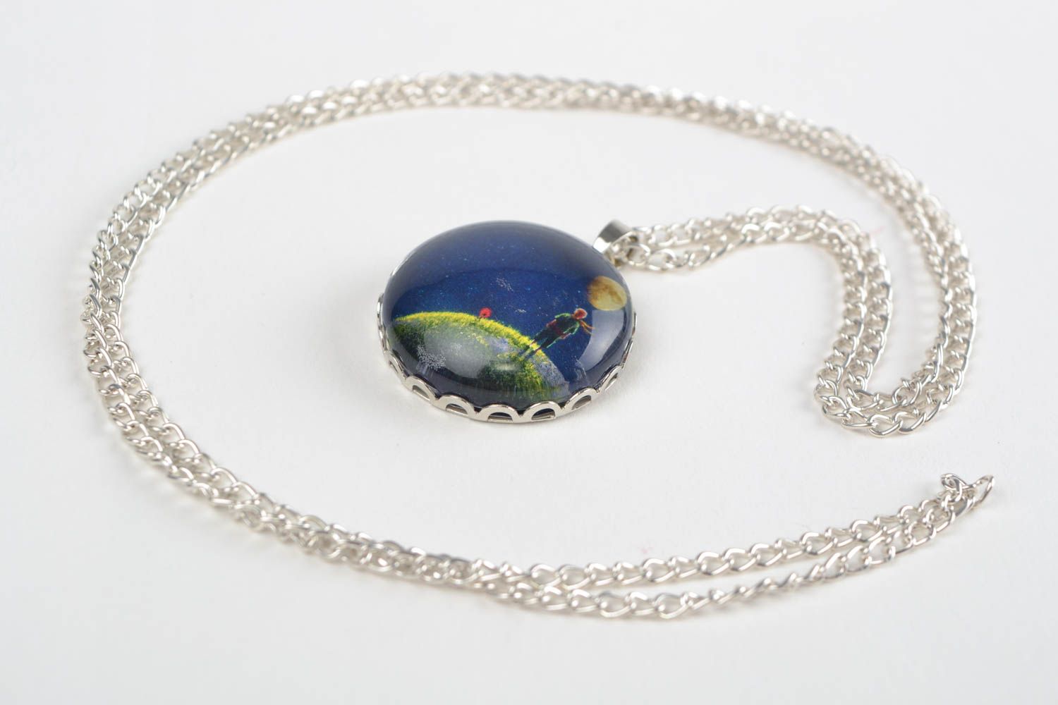 Handmade small round pendant with glass on long metal chain Starry Sky  photo 1