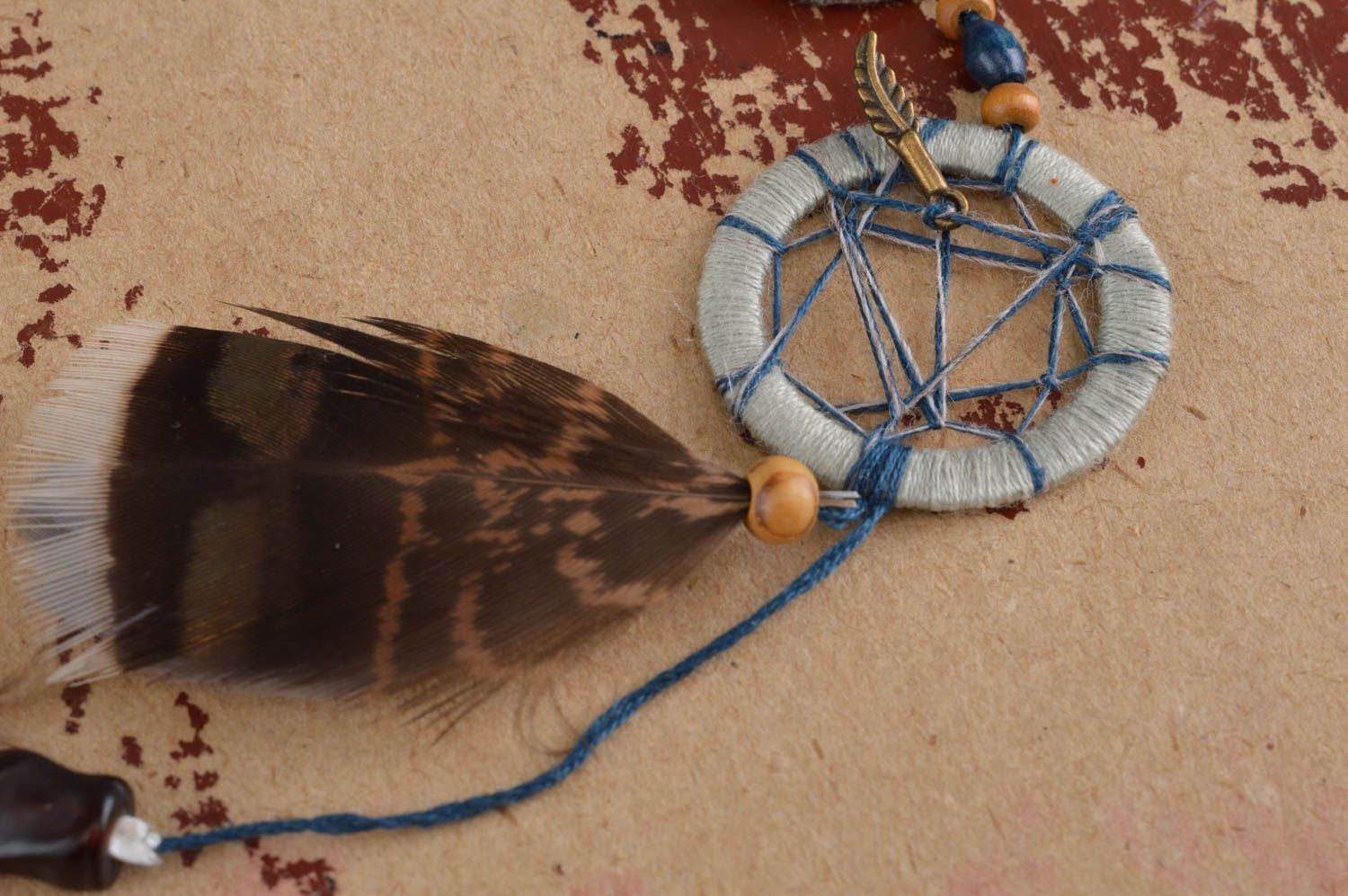 Long unusual handmade Dreamcatcher amulet in shape of keychain with feathers photo 5