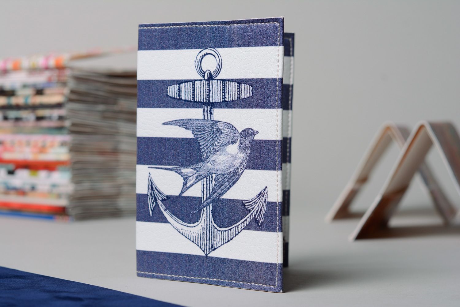 Homemade leather passport cover with print in marine style photo 1