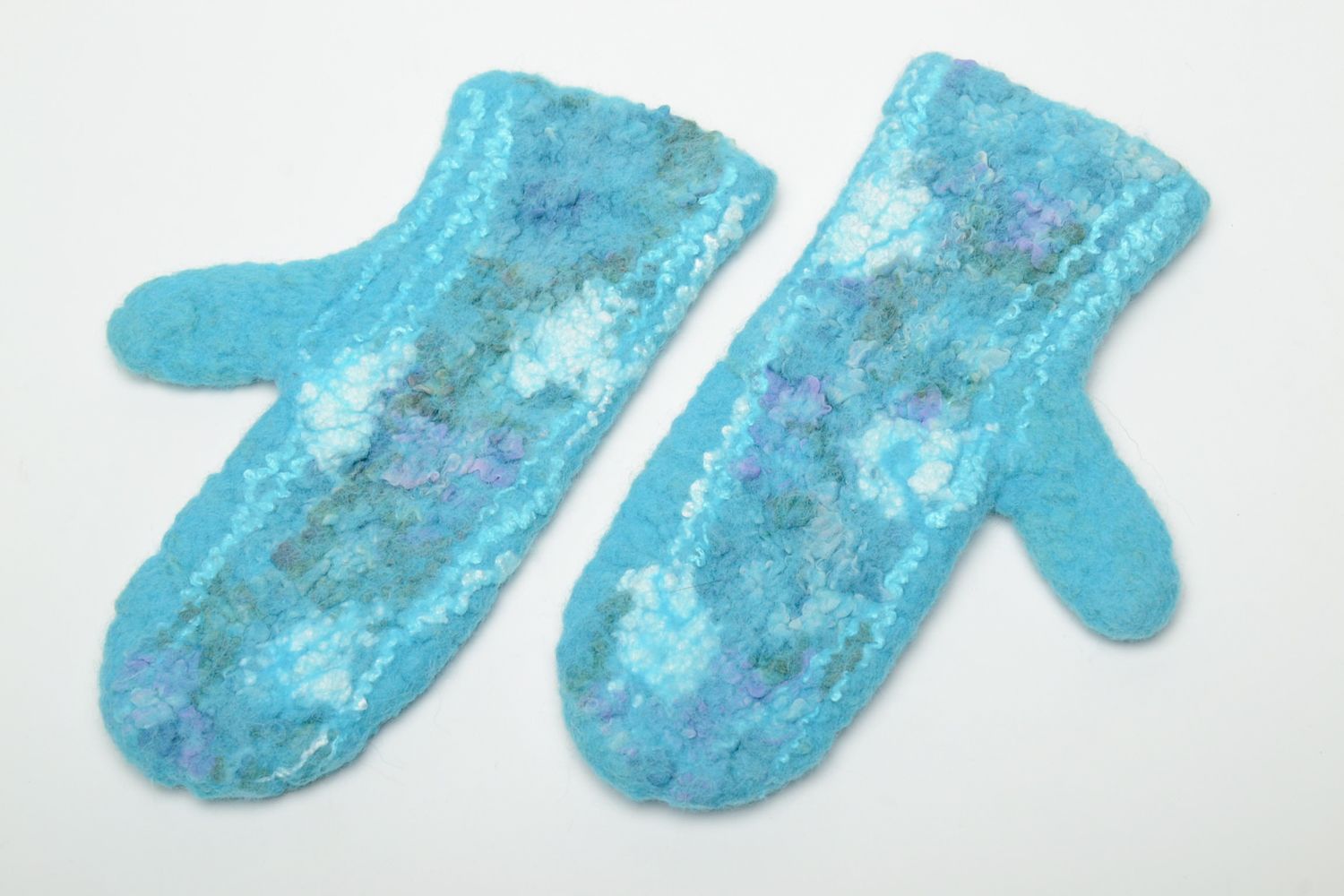 Blue felted wool mittens photo 3