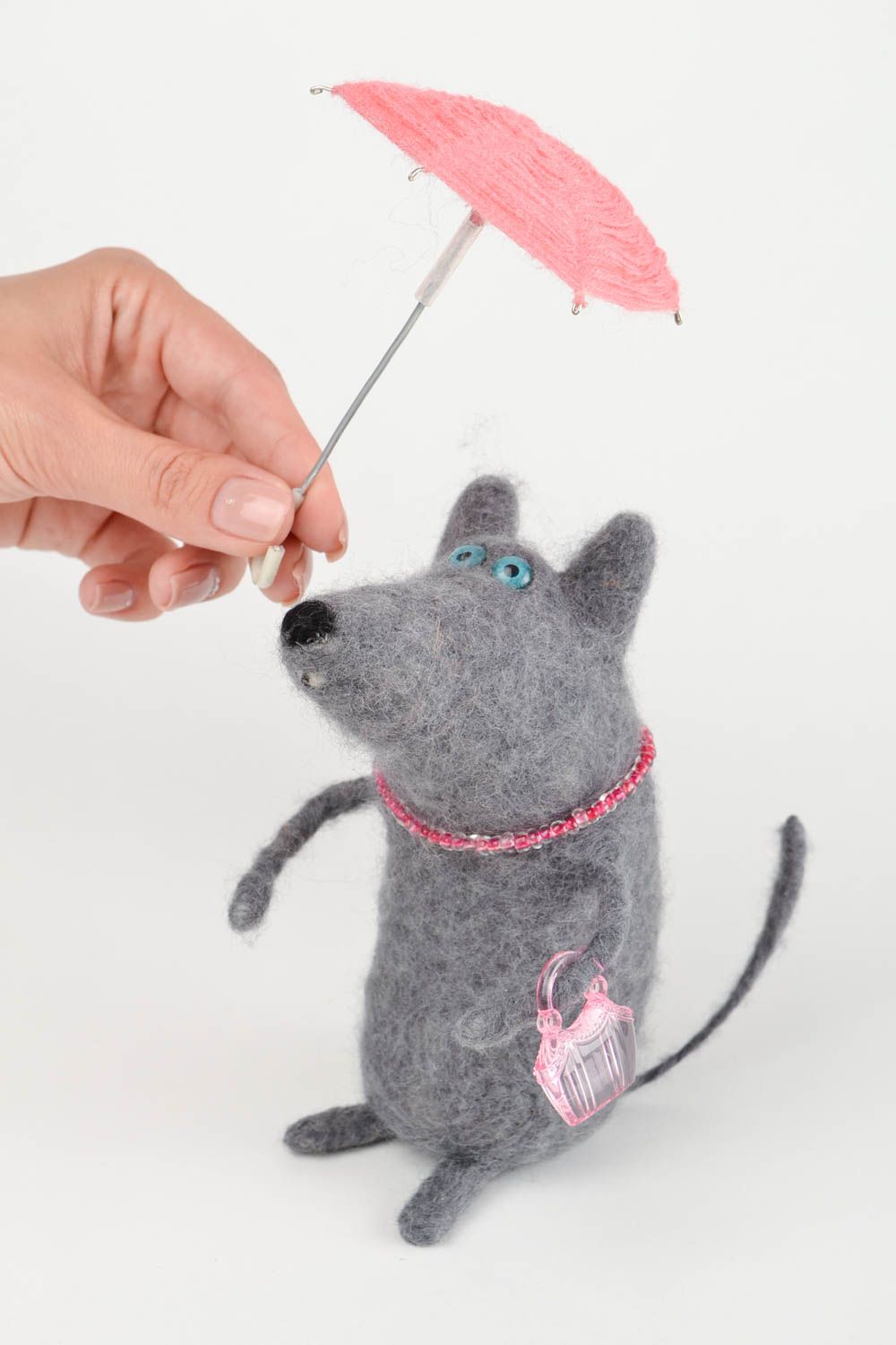 Peluche rat avec parapluie Jouet fait main en laine feutrée Cadeau pour enfant photo 2