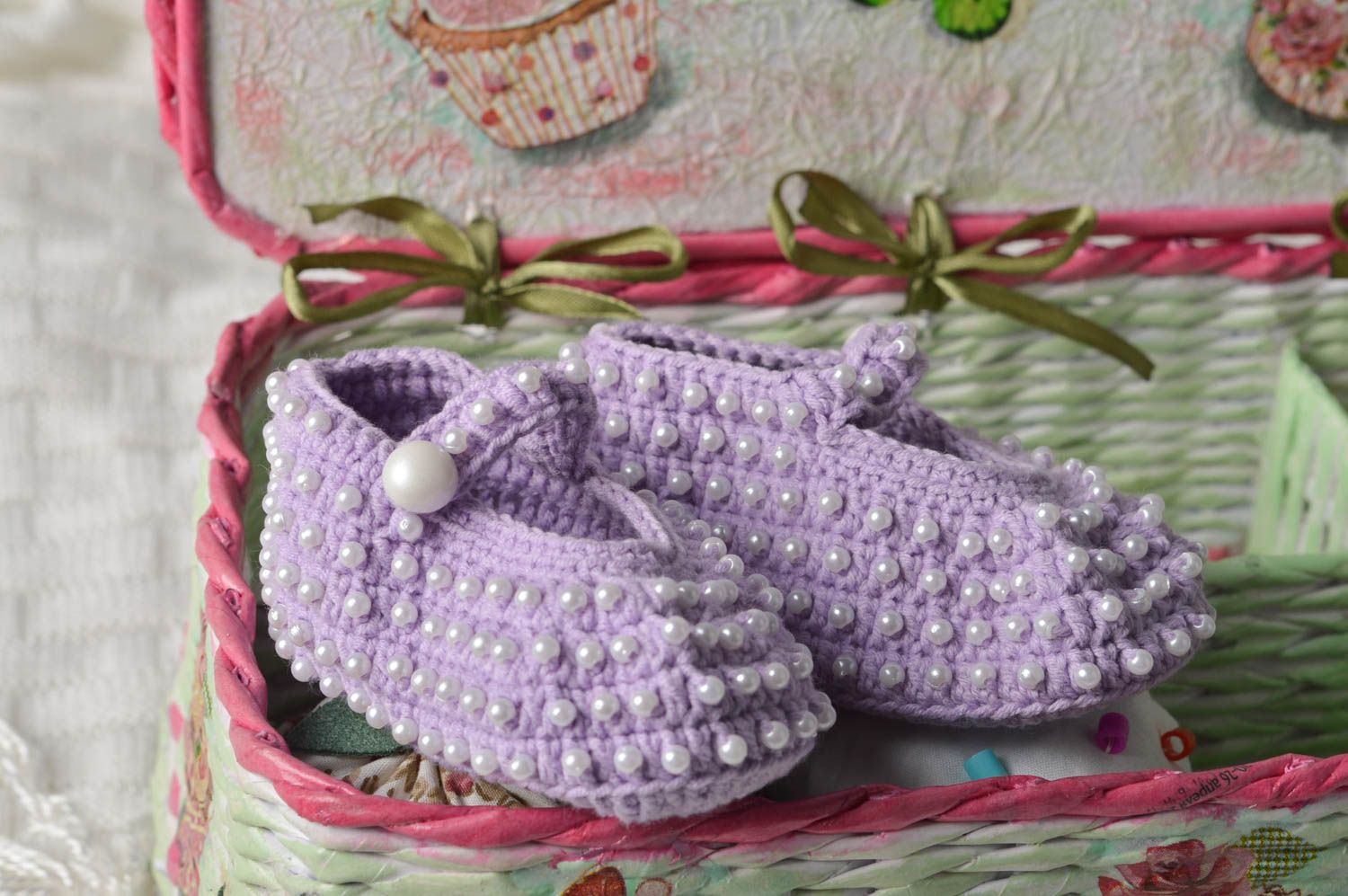 Пинетки туфельки ручной работы теплые пинетки вязаные туфельки фиолетовые фото 1