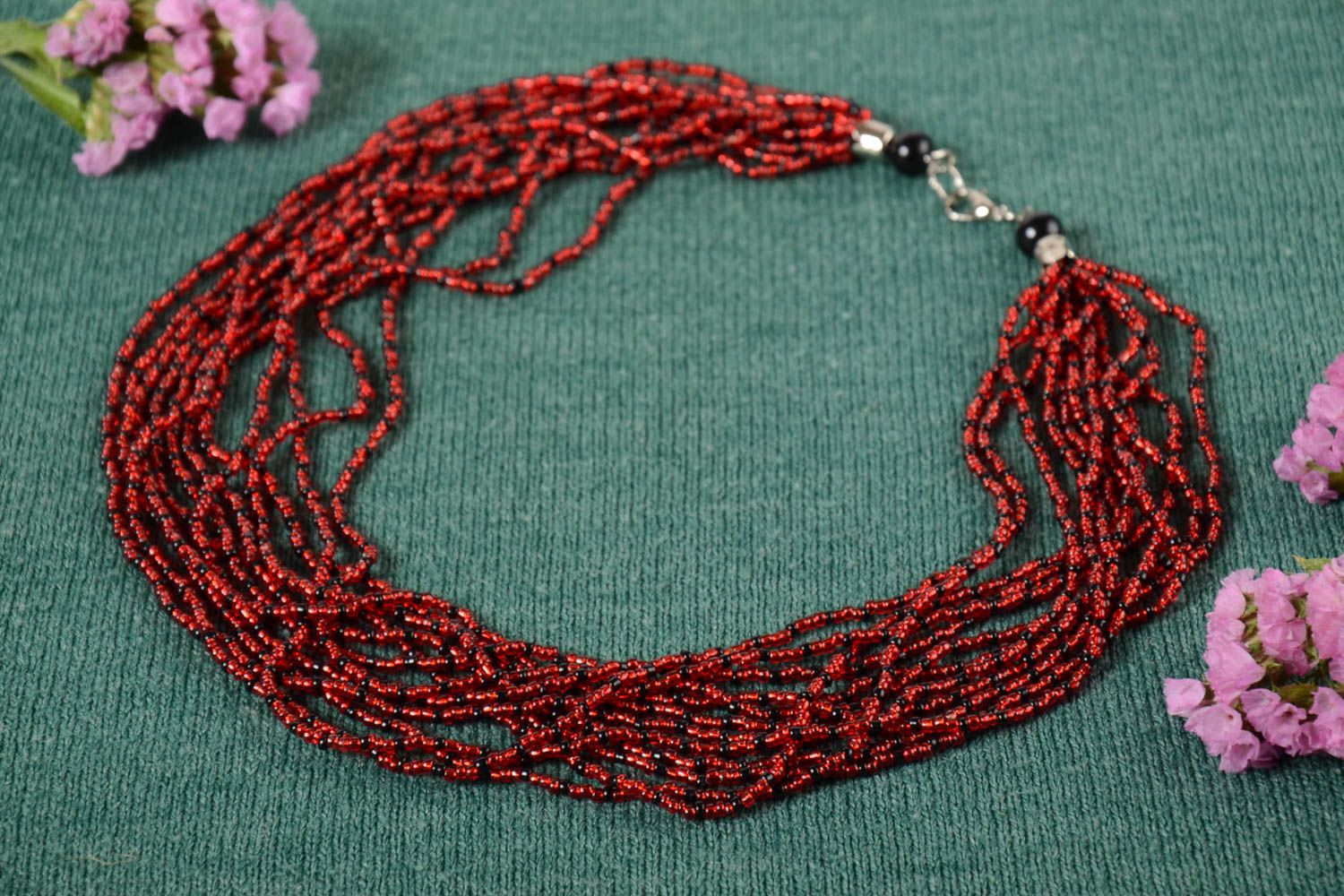 Collier rouge foncé Bijou fait main Cadeau femme multirang en perles de rocaille photo 1