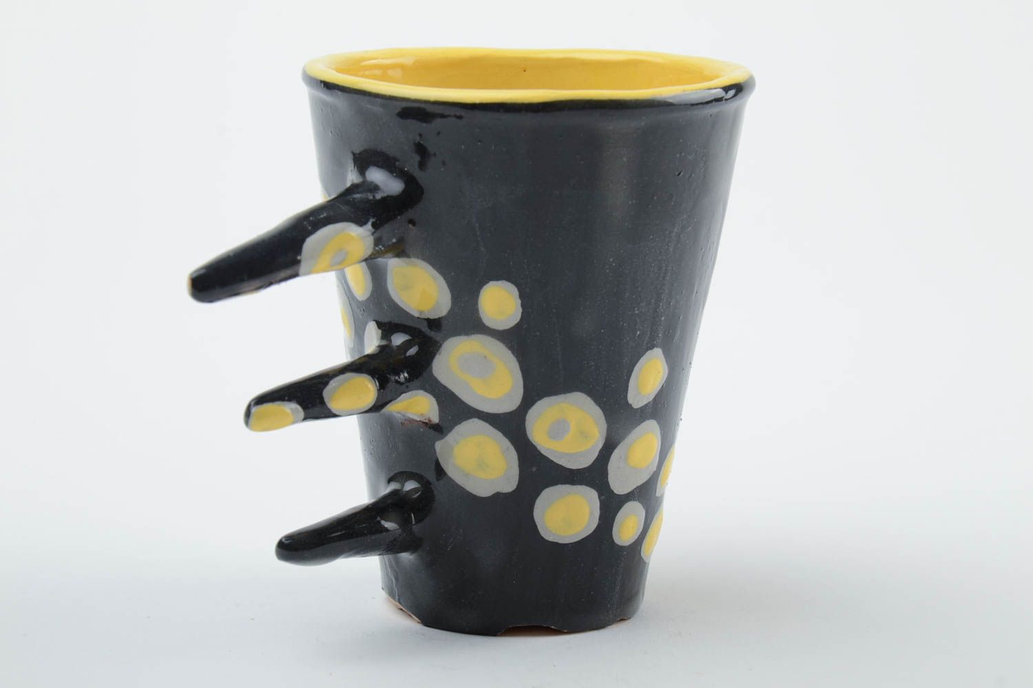 Ceramic art coffee 10 oz cup in black and yellow colors with unique three stick handle photo 4