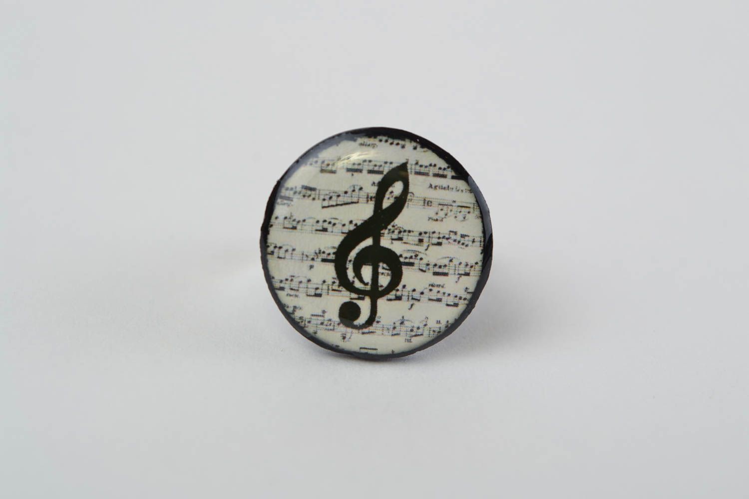 Handmade round polymer clay decoupage jewelry ring with tremble clef image photo 3