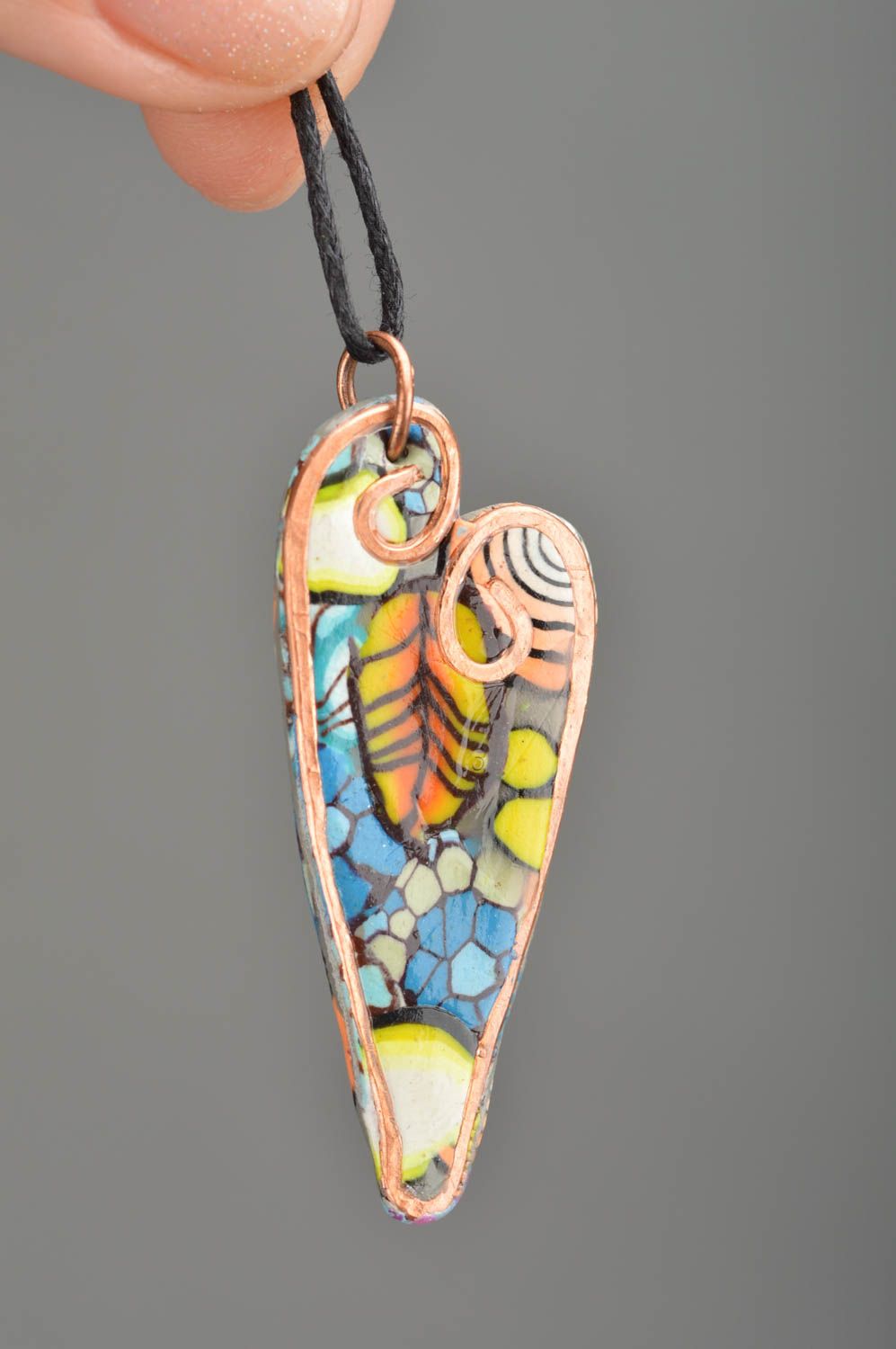 Handmade polymer clay pendant in the form of multi-colored heart on long cord photo 2