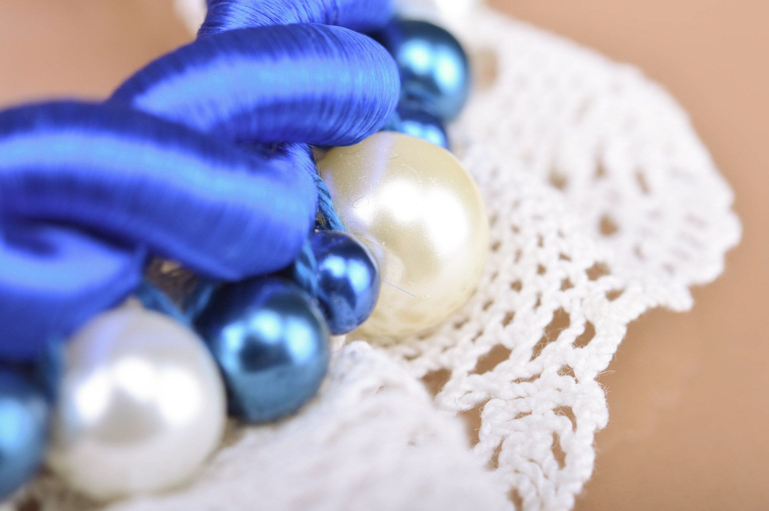 Handmade festive collar necklace with beads and lace in blue and white colors  photo 2