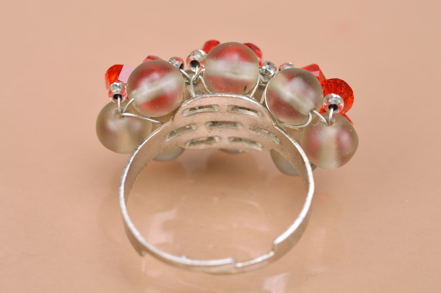 Handmade tender beaded ring on metal basis of adjustable size for women and girls photo 5