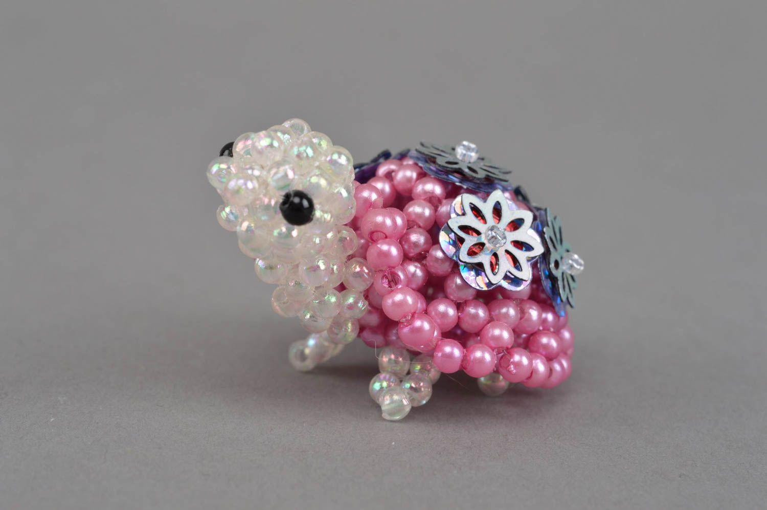 Handmade designer miniature bead woven figurine pink and white turtle photo 2