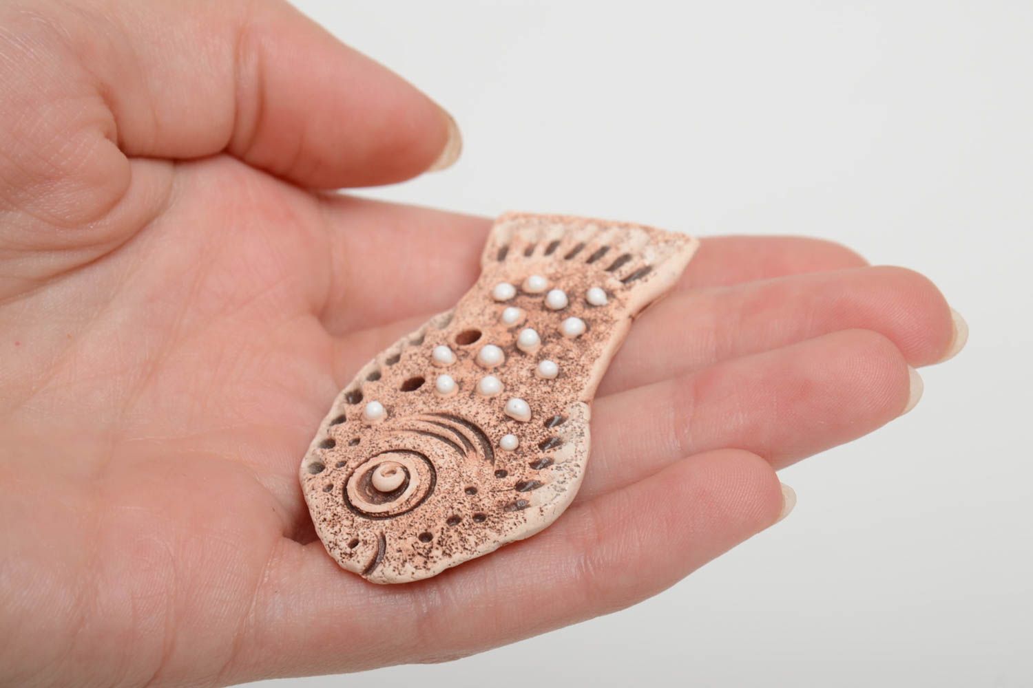 Handmade blank ceramic pendant in the shape of fish for ethnic jewelry making photo 5