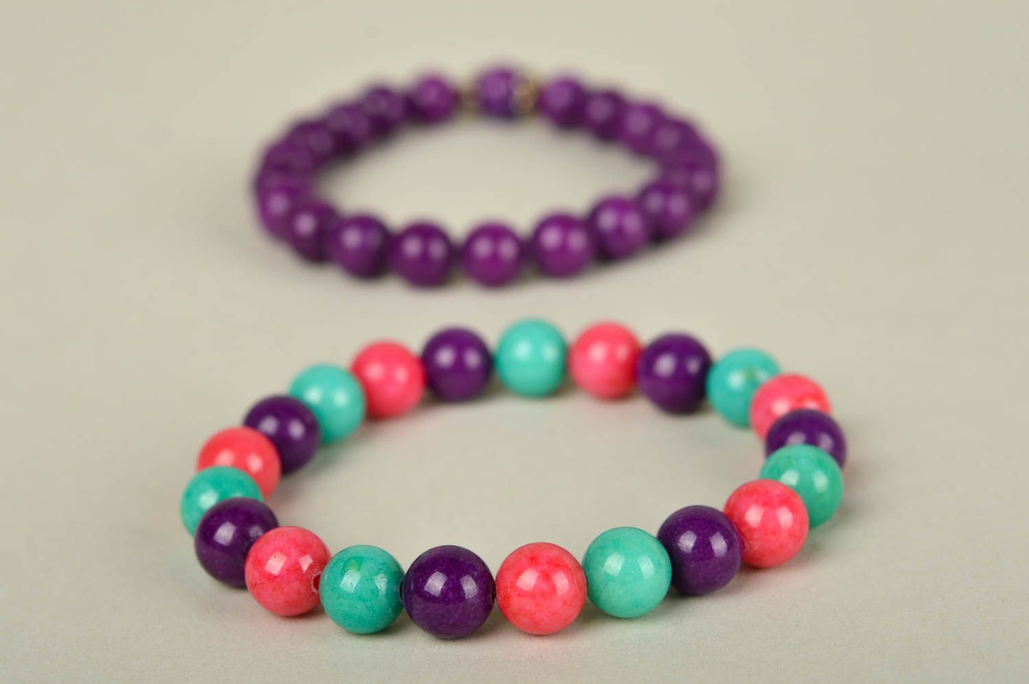 Two pieces, two-layer bracelet set of purple and multicolor beads photo 5