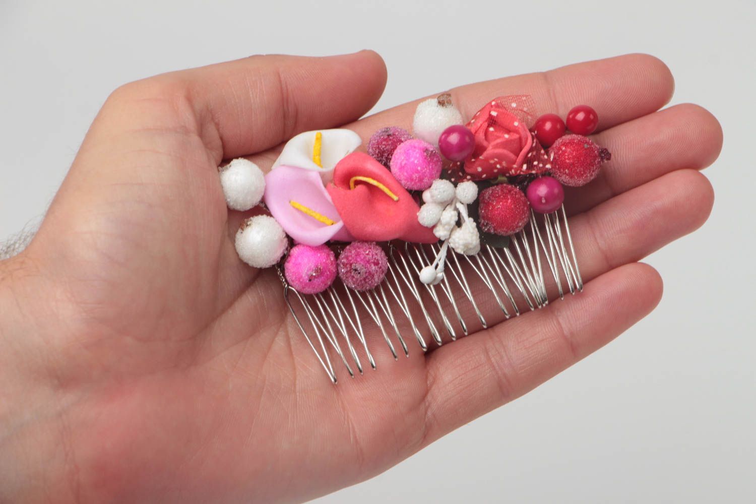 Handmade decorative metal hair comb with artificial berries and flowers photo 5