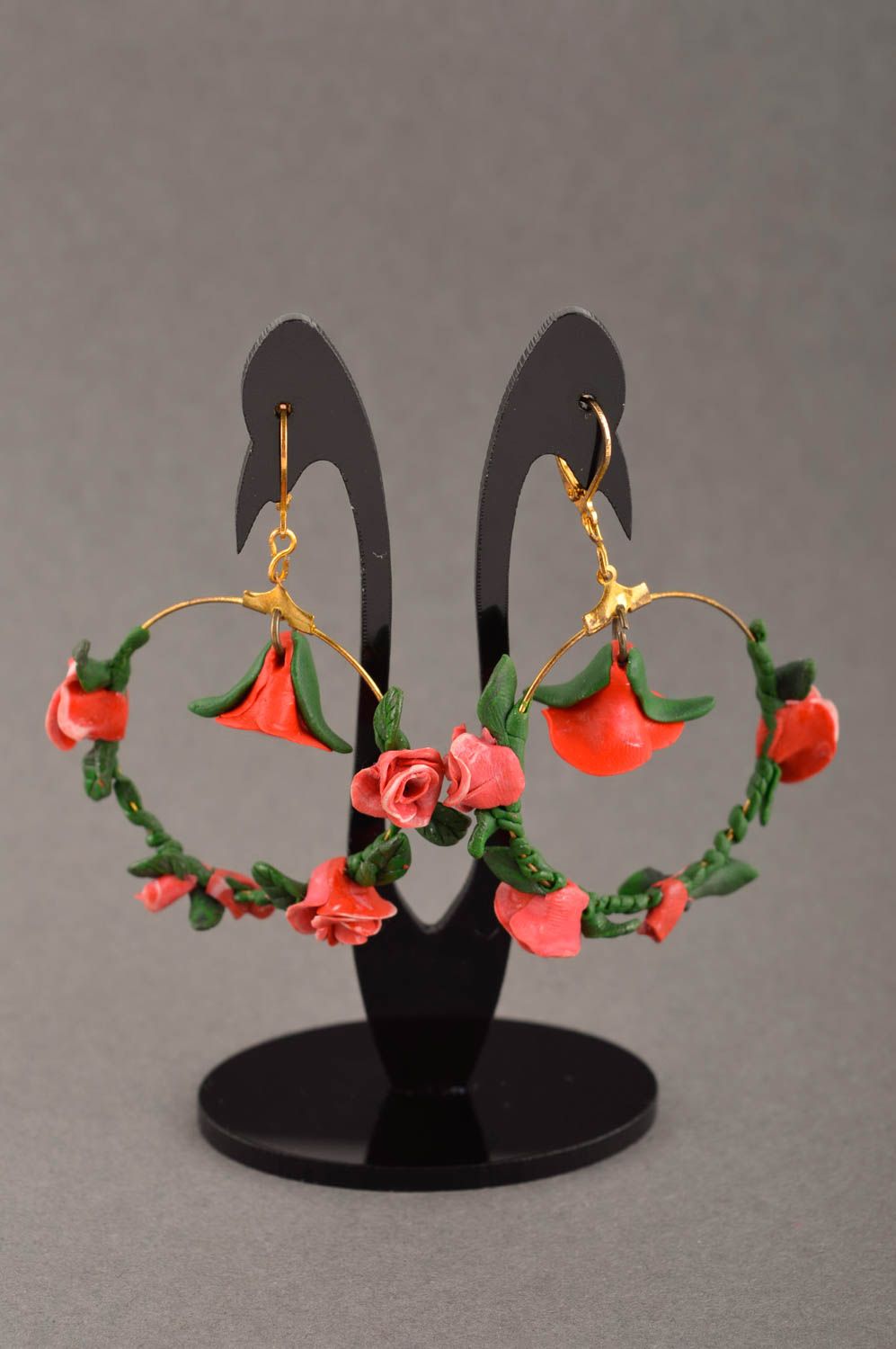 Handmade Blumen Ohrringe Designer Schmuck Accessoire für Frauen grelle Rosen foto 1